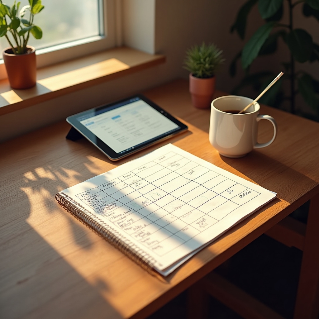 Planungstisch in einem Lernzentrum mit Stundenplan, Notizen und einem Tablet