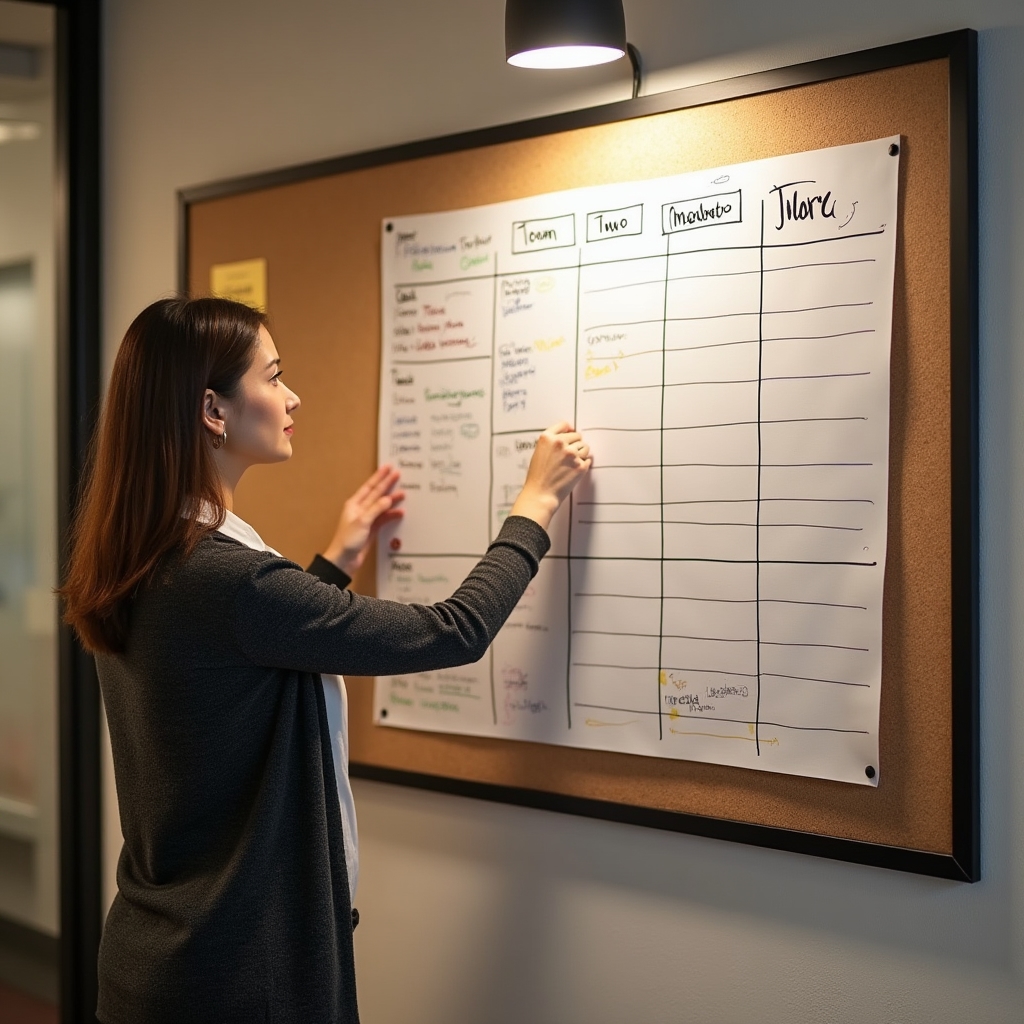 Wandtafel mit Stundenplan für mehrere Lehrkräfte und Räume in einem Lernzentrum