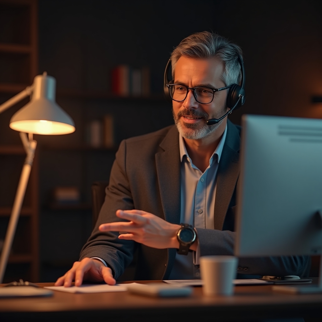 Support-Mitarbeiter mit Headset am Schreibtisch beantwortet eine Anfrage eines Nachhilfe-Instituts
