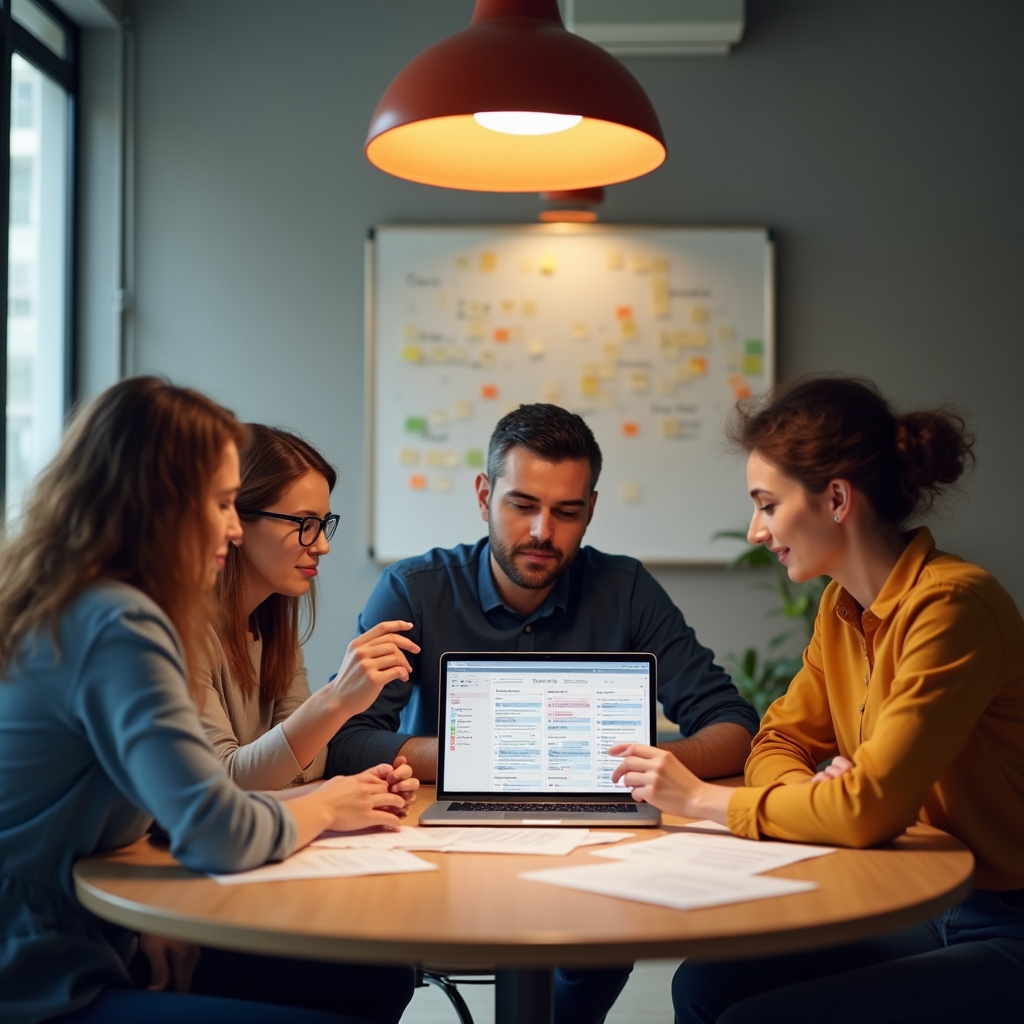 Kleines Team bespricht die Weiterentwicklung der Verwaltungssoftware an einem Besprechungstisch